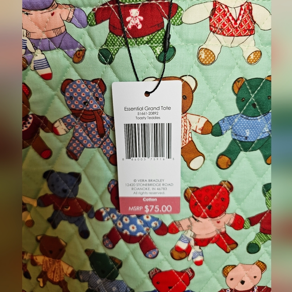 Vera Bradley Essential Grand Tote Quilted Toasty Teddies Adorable Bears - Picture 5 of 7